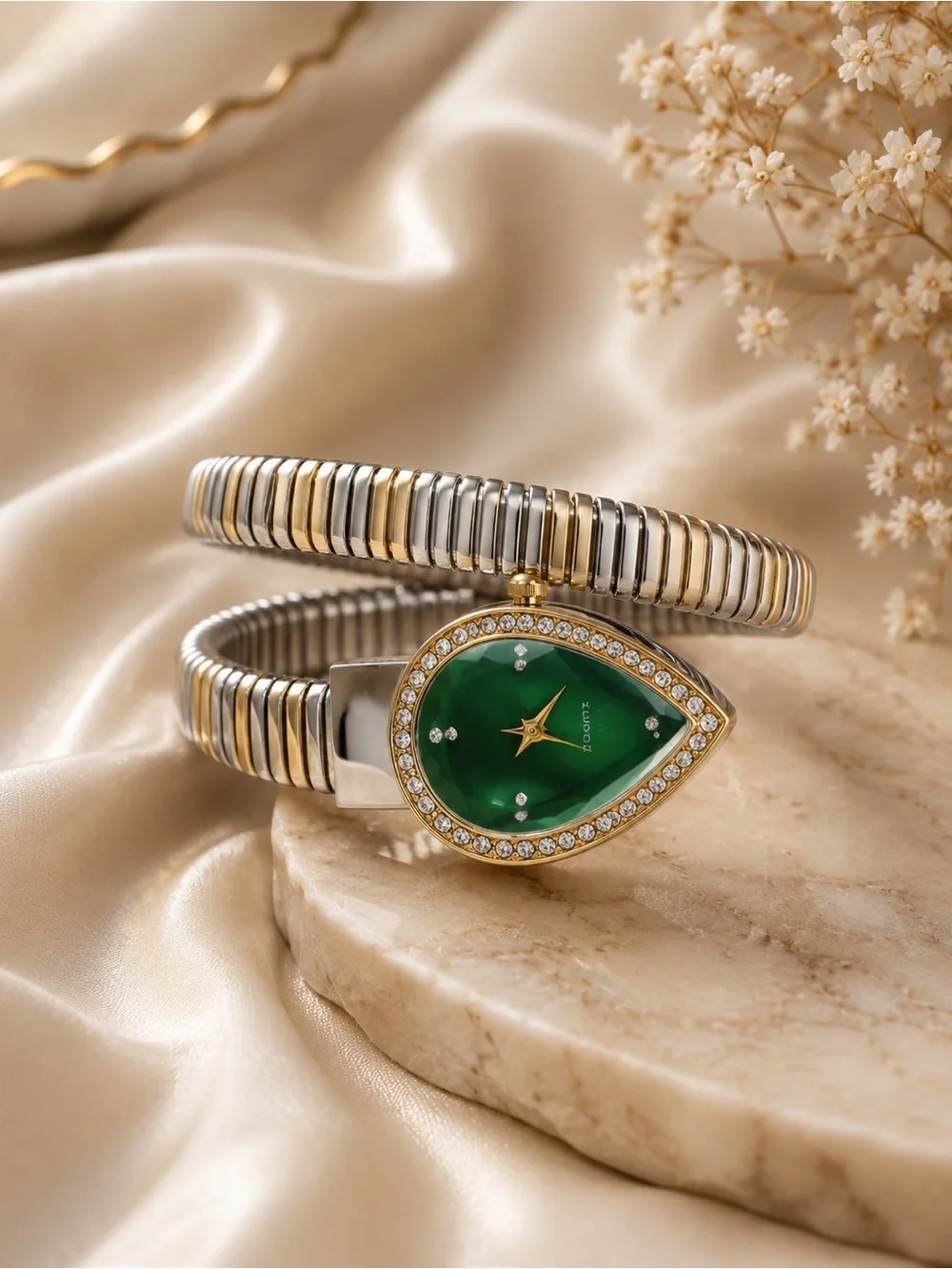 Anthropologie Two-Tone Gold & Silver Teardrop Green Dial Crystal Watch